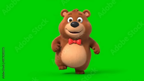 Animated friendly brown bear character with a red bow tie, cheerfully walking on a bright green screen. Ideal for children's videos, educational content, and playful digital projects