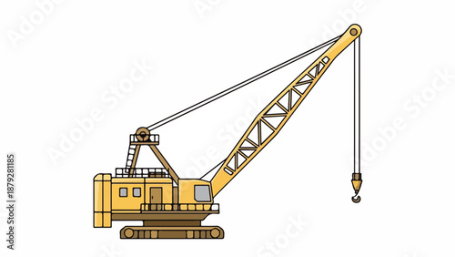Yellow construction crane with a long boom and hook against a white background.