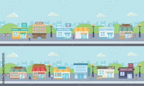 人通りのある商店街の街並みイラスト – ローカルビジネスと日常風景