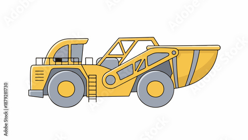 Illustration of a yellow mining truck with gray accents and wheels on a white background.
