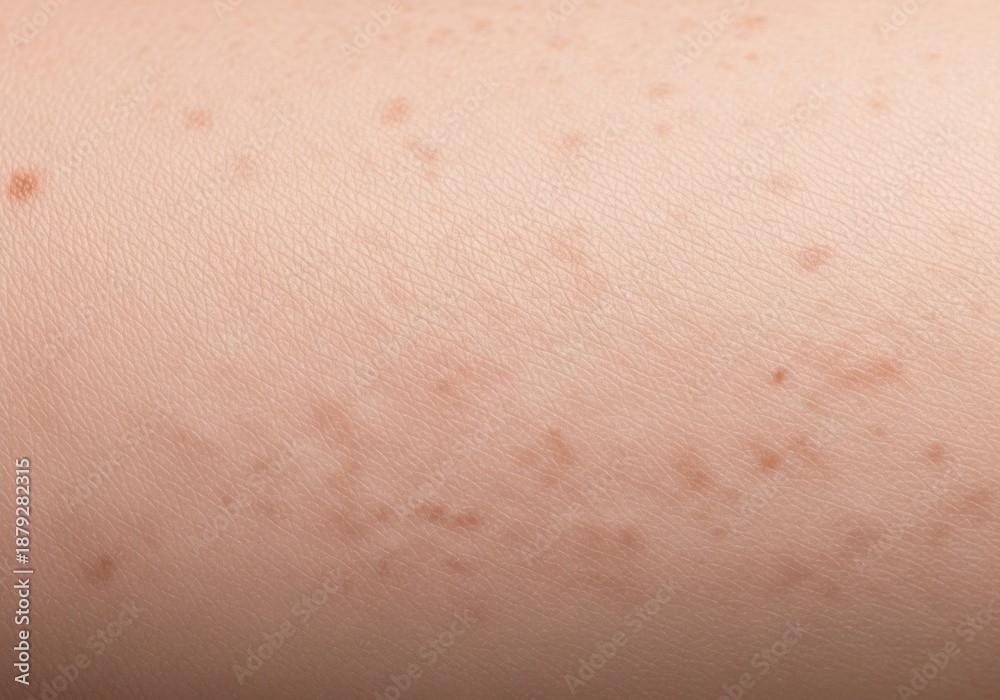Fototapeta premium Closeup view of skin with multiple small brown spots and freckles on a light background