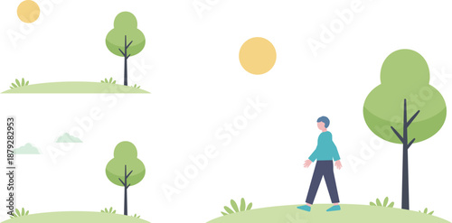 自然の中を歩く人物のイラスト – 日常・散策・穏やかな時間