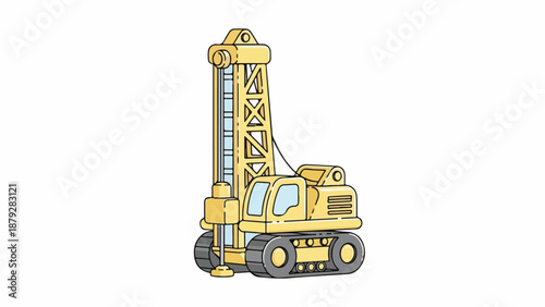 Illustration of a yellow drilling rig with a long drill on tracks against a white background.