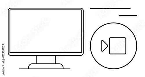 Online learning, video streaming, digital media, content creation, virtual meetings, technology. A computer screen with a video play button and lines. Online learning and video streaming