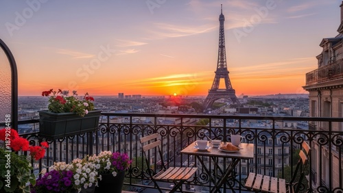 Romantic Paris balcony with Eiffel Tower view during sunset breakfast setting