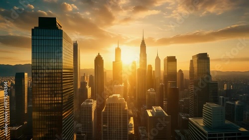 Tall modern skyscraper illuminated by golden sunset rays in urban skyline