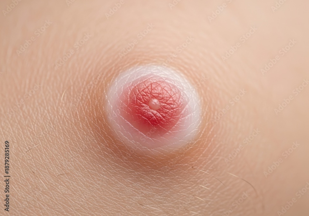 Fototapeta premium Closeup view of a red and white skin bump on human skin, showing detailed texture and color variation