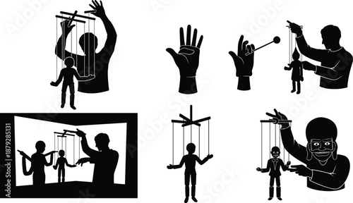 Puppetry control silhouette vector, marionette manipulation poses, metaphorical influence icon, black illustration, societal control, strings, hand, puppet