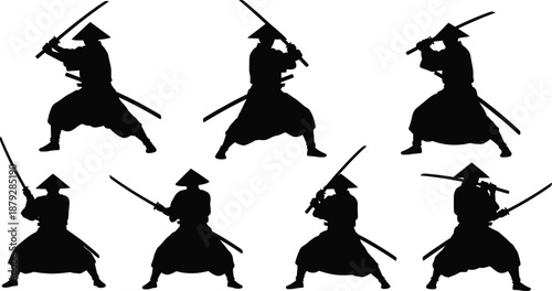 Samurai warrior silhouette vector, katana sword poses, martial arts stance, traditional attire, Japanese combat icon, black illustration, discipline