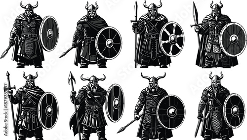 Viking warrior silhouette vector, medieval battle pose, shield and weapon icons, Norse fighter, black illustration, historical combat art