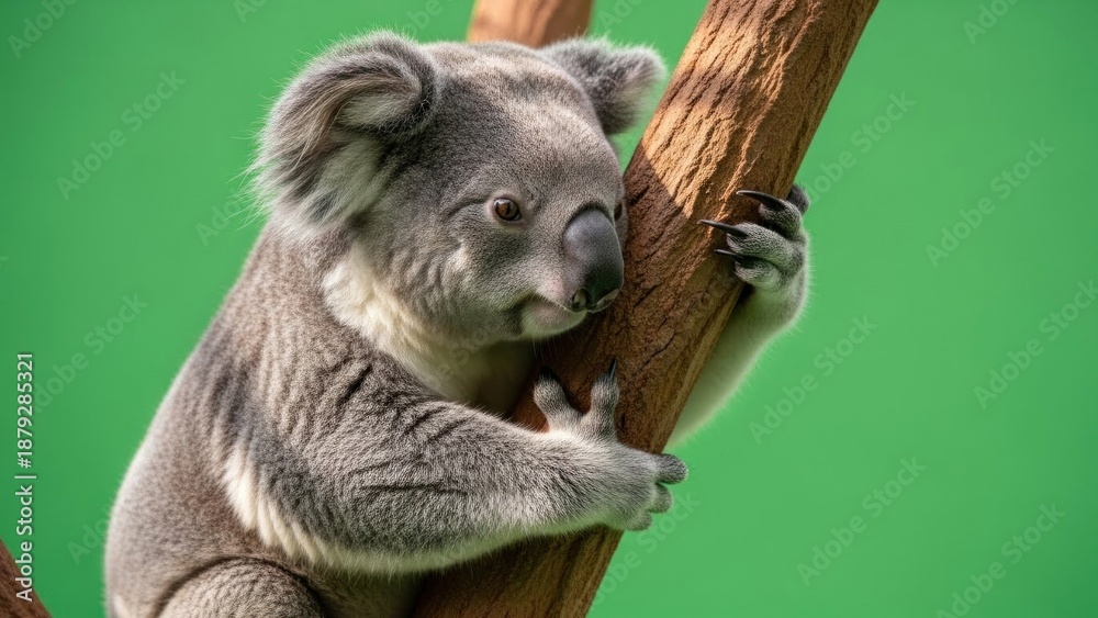 Fototapeta premium Koala clinging tightly to the tree branch in a lush green backdrop serenity portrait
