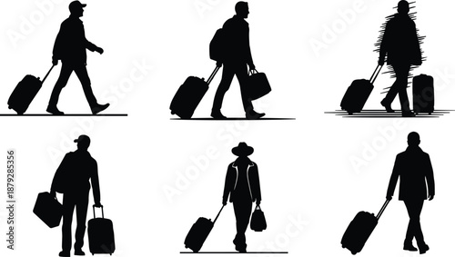Traveler silhouettes with luggage, diverse walking poses, airport people icons, black vector figures, tourism concept, journey, suitcase, travel
