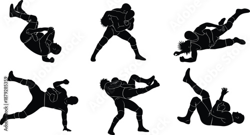 Wrestling silhouette vector, dynamic grappling poses, combat sport icons, athlete action scenes, black figures, martial arts, wrestling moves