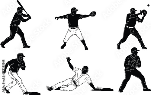 Baseball player silhouettes, batter, pitcher, fielder, runner, sliding base, dynamic action, sports vector, athletic pose, competitive game