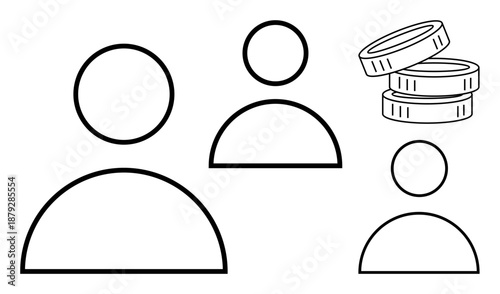 Teamwork, collaboration, financial transactions, economy, social connections, business management. Three outline figures next to stacked coins. Teamwork and financial transactions concept