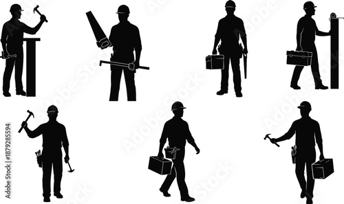 Construction worker silhouettes, tool belt, hard hat, industrial labor, teamwork, building site, tradesmen, vector illustration, safety gear, professional tools