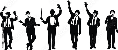 Formal performer silhouette illustrations, theatrical gesture poses, black vector figures in suits and bowler hats for vintage stage themes