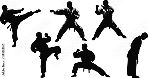 Martial arts silhouette illustrations, black vector poses for karate, taekwondo, kicks, punches, stances, and respectful gestures