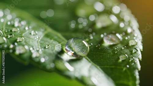 Captivating Close Up Of Dew Droplets Glistening On A Fresh Green Leaf In Nature