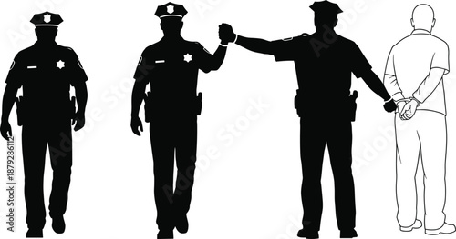 Police and arrest silhouette illustrations, law enforcement figures and detained person, black vector style for justice, patrol, and authority themes