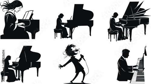 Piano player and singer silhouette illustrations, black vector poses for musical performance, concert expression, and artistic talent themes