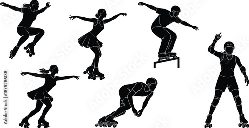 Roller skating silhouettes, artistic pose, speed skater, aggressive trick, roller derby, vector illustration, dynamic motion, urban sport, protective gear