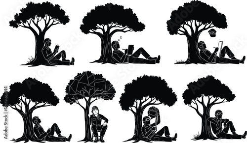 Robot and human silhouette under tree, transformation and introspection theme, black and white vector illustration, technology, identity, nature, digital evolution concept
