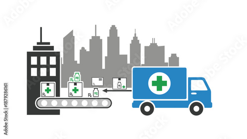 Medical Supply Chain Logistics: Pharmaceutical Delivery Truck & Factory