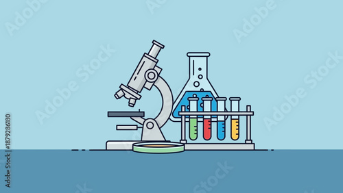 Microscope, Beaker and Test Tubes in Laboratory - Science and Research Concept