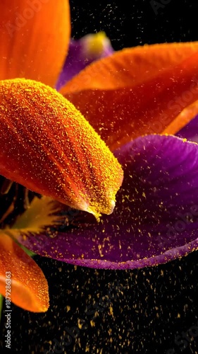 Captivating Close Up Of Vibrant Orange And Purple Pansy Flower Pollen Explosion On Black Background