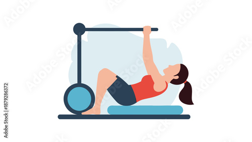 Woman Doing Pull-Ups Exercise on Bar with Blue Mat Indoors