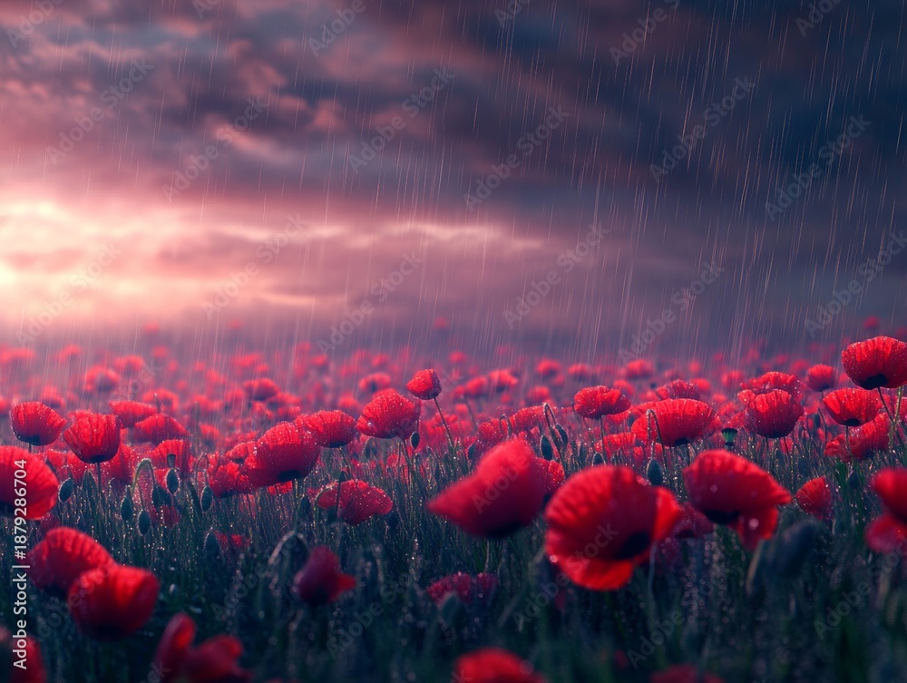 Obraz premium A vast field of vibrant red poppies under a dramatic sky at sunset.