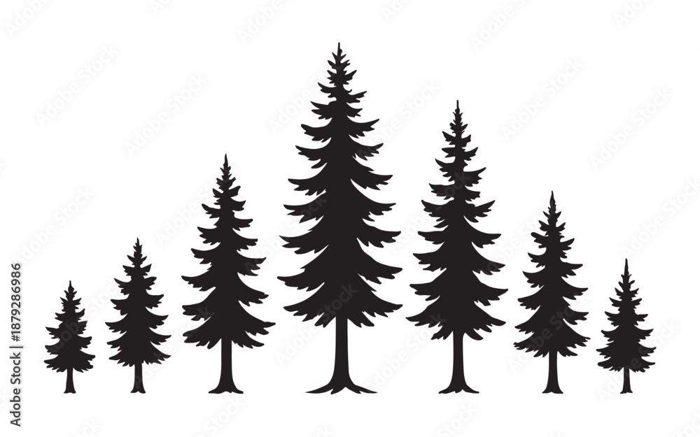 Obraz premium A collection of isolated evergreen pine and fir trees featuring festive Christmas decoration elements for a winter forest nature landscape illustration or holiday season celebration design