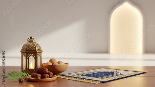 Traditional Ramadan background for Iftar concepts. Beautiful metal fanous lantern with dates and a prayer rug. Clean, modern aesthetic for religious greetings and spiritual lifestyle content.