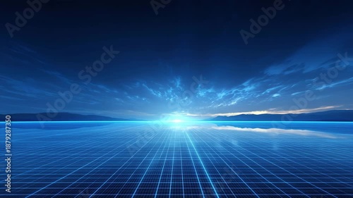 Digital blue grid landscape with glowing horizon and cloudy sky, futuristic technology scene over calm water and distant mountains dusk creating