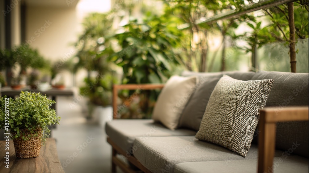 Naklejka premium Lush, inviting balcony scene w/ sofa, pillows, plants, blurring for a peaceful, relaxed feel