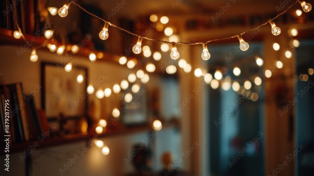 Obraz premium Warm, inviting indoor scene. String lights softly illuminate the room and bookshelves. The depth of field gives a dreamy and cozy feel to the atmosphere