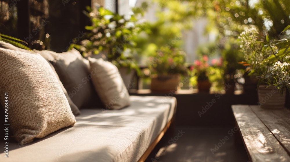 Fototapeta premium Sunlit patio with pillows, plants, and a blurred background of foliage and soft light