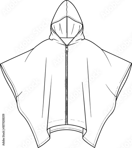 hooded poncho technical sketch, zip front cape jacket, oversized outerwear design, flat apparel illustration, minimalist fashion line drawing