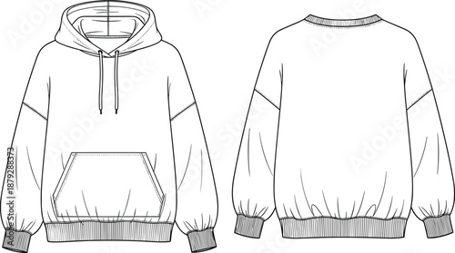 Hoodie sweatshirt technical fashion illustration, front and back view, casual streetwear clothing, unisex pullover apparel, vector design