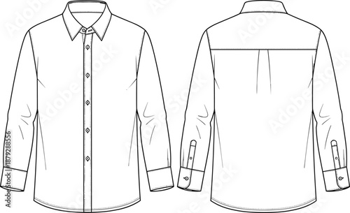 Long sleeve button shirt technical drawing, front back view apparel flat sketch, classic menswear garment design, isolated vector illustration