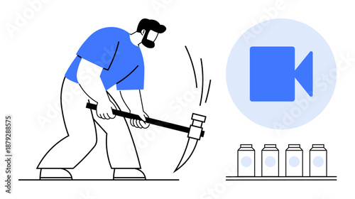 Digital innovation, content creation, data mining, video production, blockchain, media monetization. A man swings a pickaxe near containers and a video icon. Digital innovation and content creation