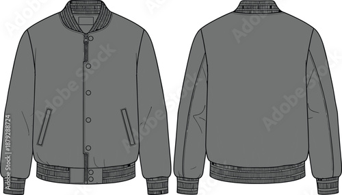 mens bomber jacket technical sketch, ribbed collar cuffs hem varsity jacket, casual outerwear design, flat apparel illustration front back