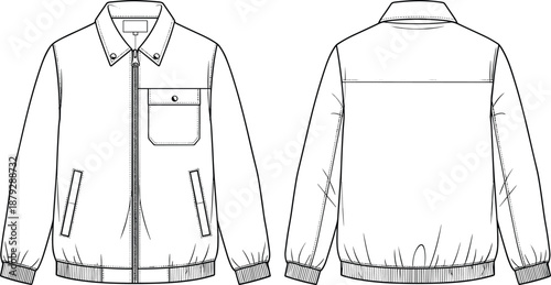 mens jacket technical sketch, zip front casual jacket, ribbed cuffs hem, flat apparel design, front back view line illustration