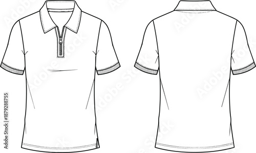mens polo shirt technical sketch, short sleeve zip collar top, casual knitwear design, flat apparel illustration, front back view