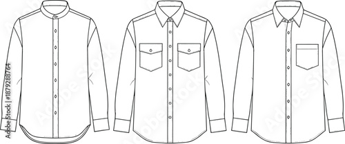 mens shirt technical sketch set, button up long sleeve shirts, collar variations, flat apparel design, clean fashion line illustration