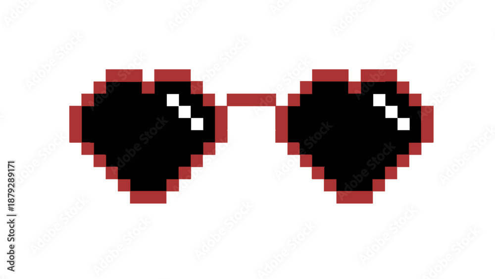 Fototapeta premium Stylish retro pixel art sunglasses icon with bold black lenses and vibrant red frames, capturing a cool digital aesthetic for gaming or online content