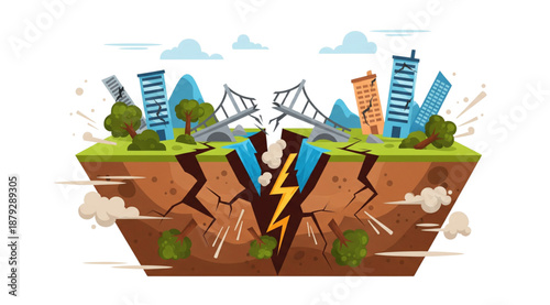 Cartoon earthquake cataclysm flat vector illustration for disaster awareness