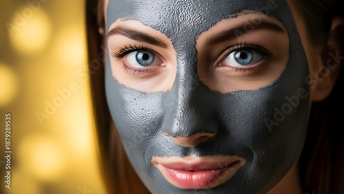 Woman with charcoal face mask on her skin for beauty treatment.