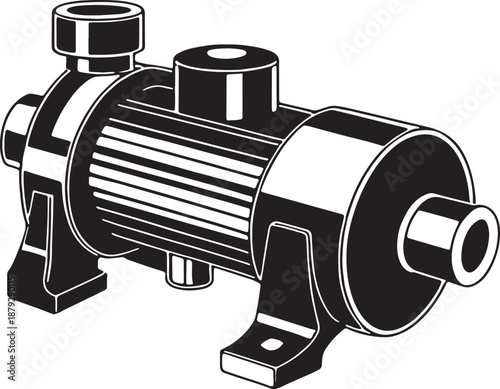 Black and white of a centrifugal pump with horizontal motor and mounting feet industrial equipment